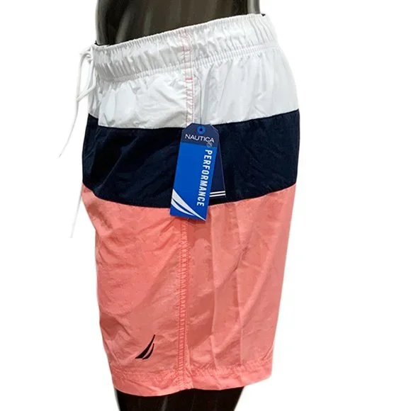 NWT NAUTICA MSRP $59.99 COLOR BLOCK BEACH SURF MEN'S PALE CORAL BOARD SHORTS